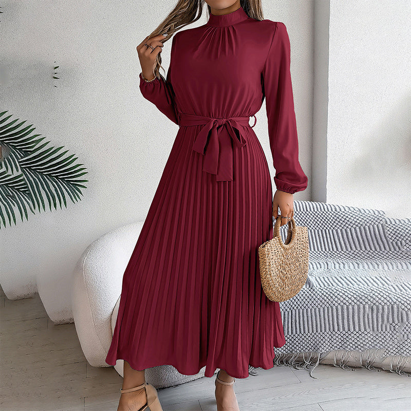 Women’s High Neck Pleated Maxi Dress – Elegant Solid Color Flowy Style