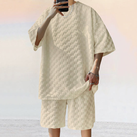 Menβs Jacquard Plaid Shorts Set β Loose Straight Casual Summer Suit