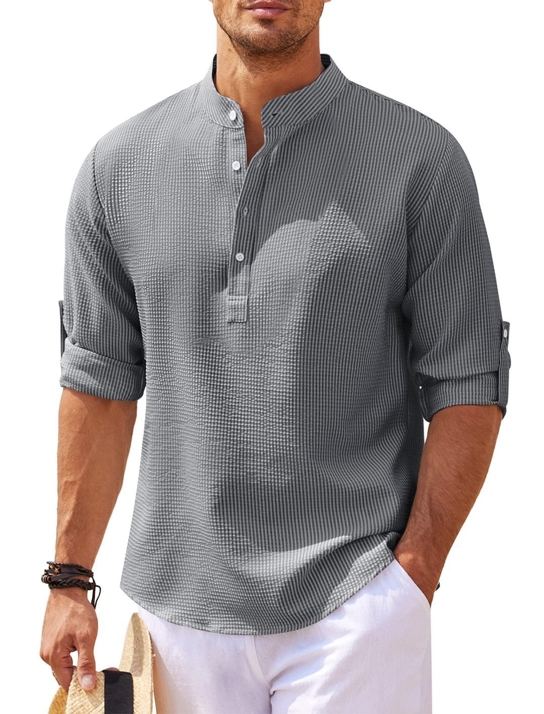 Men's Casual Long Sleeve Stand Collar Shirt – Solid Color Fashion Top