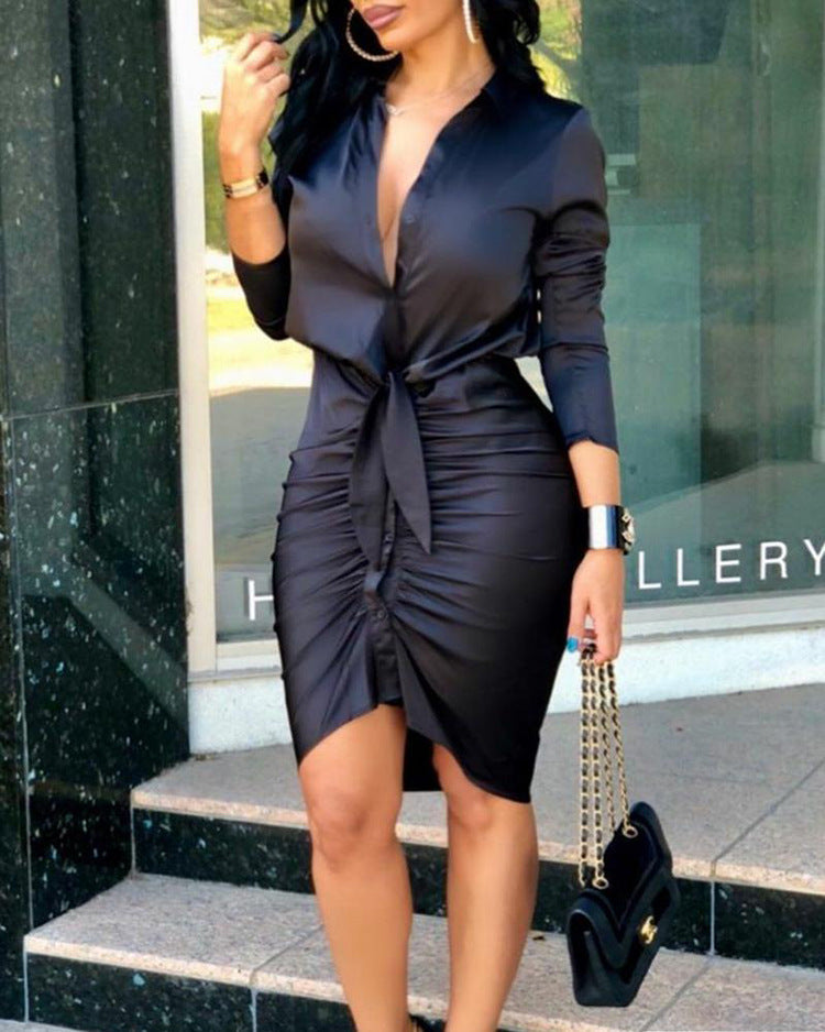 Women’s Lace-Up Long Sleeve Midi Shirt Dress – Elegant Party Style