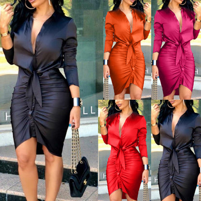 Women’s Lace-Up Long Sleeve Midi Shirt Dress – Elegant Party Style