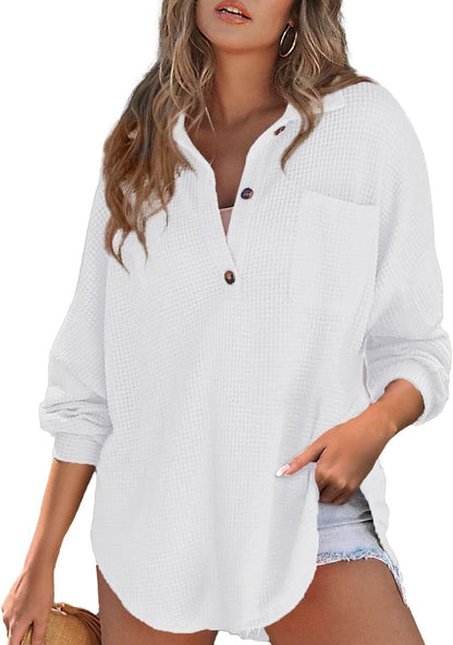 Women's Waffle Knit Loose Long Sleeve Top