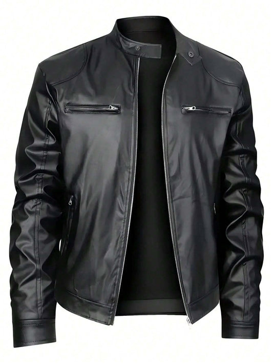 Men’s Stand-Up Collar Leather Jacket –  Stylish Outerwear for Fall & Winter
