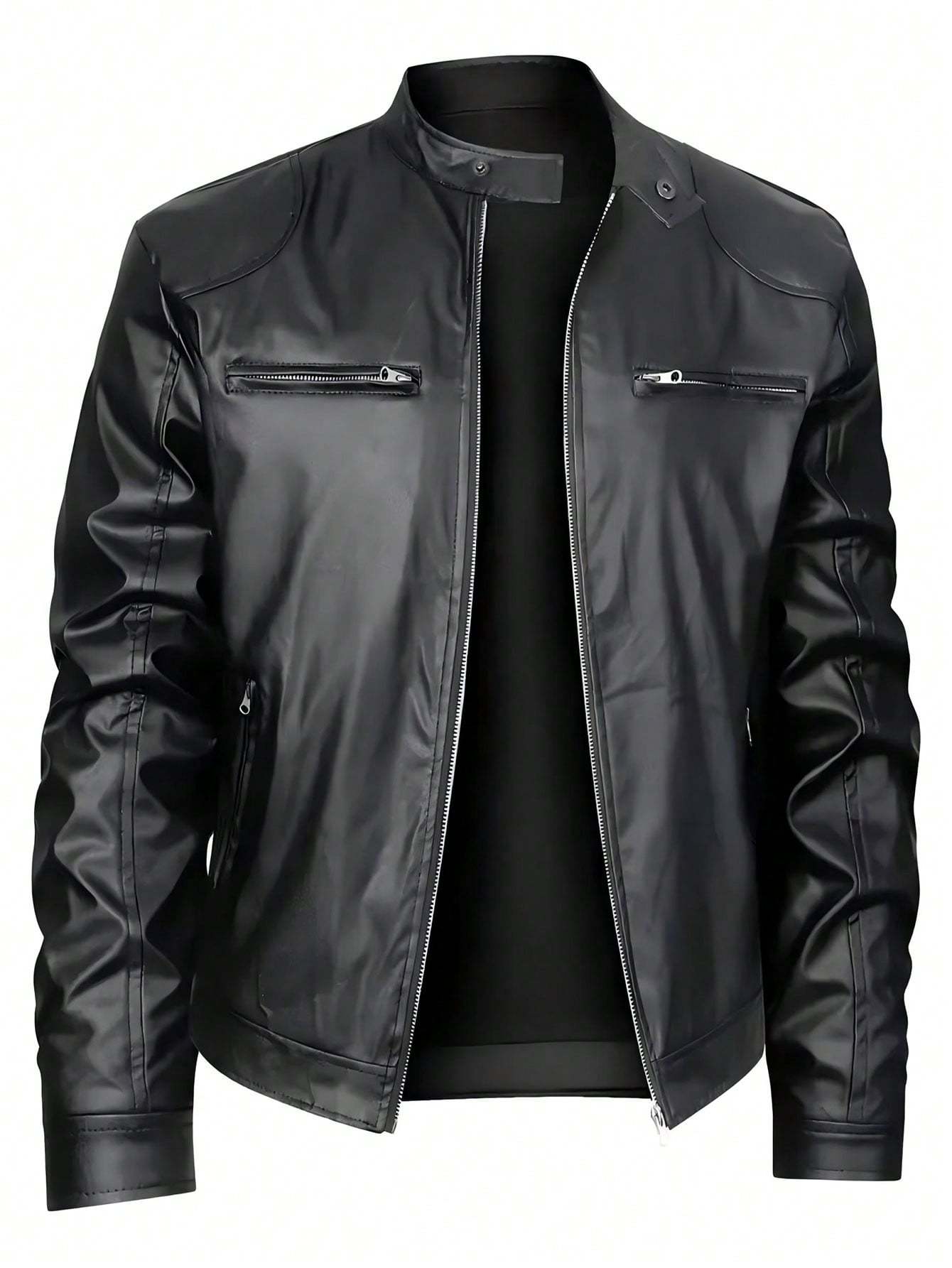 Men’s Stand-Up Collar Leather Jacket –  Stylish Outerwear for Fall & Winter