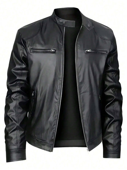 Men’s Stand-Up Collar Leather Jacket –  Stylish Outerwear for Fall & Winter
