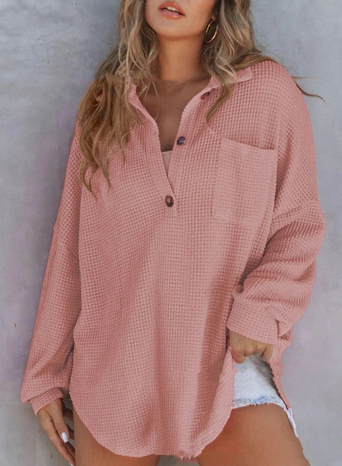 Women's Waffle Knit Loose Long Sleeve Top