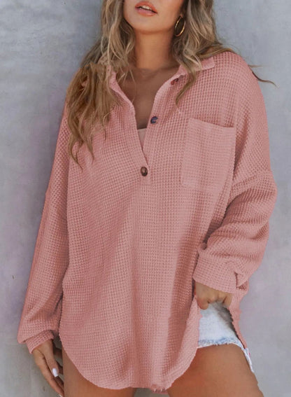 Women's Waffle Knit Loose Long Sleeve Top