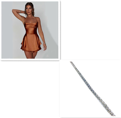 Women’s Satin Backless Lace-Up A-Line Dress – Elegant Short Suspender Style