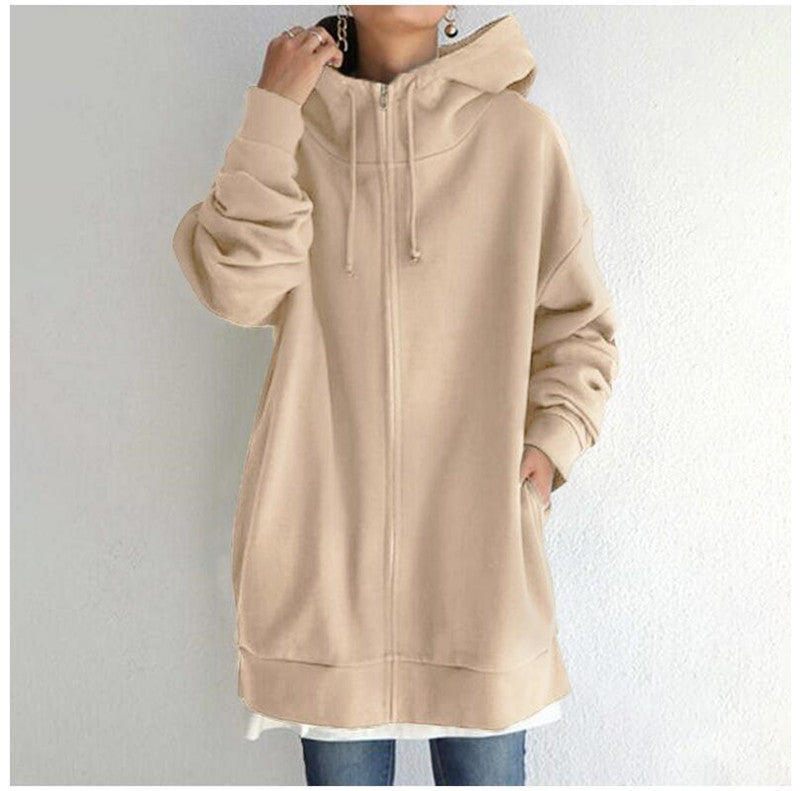 Women’s Oversized Hooded Coat – Velvet Long Zip-Up Sweatshirt with Tie Collar