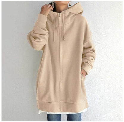 Women’s Oversized Hooded Coat – Velvet Long Zip-Up Sweatshirt with Tie Collar