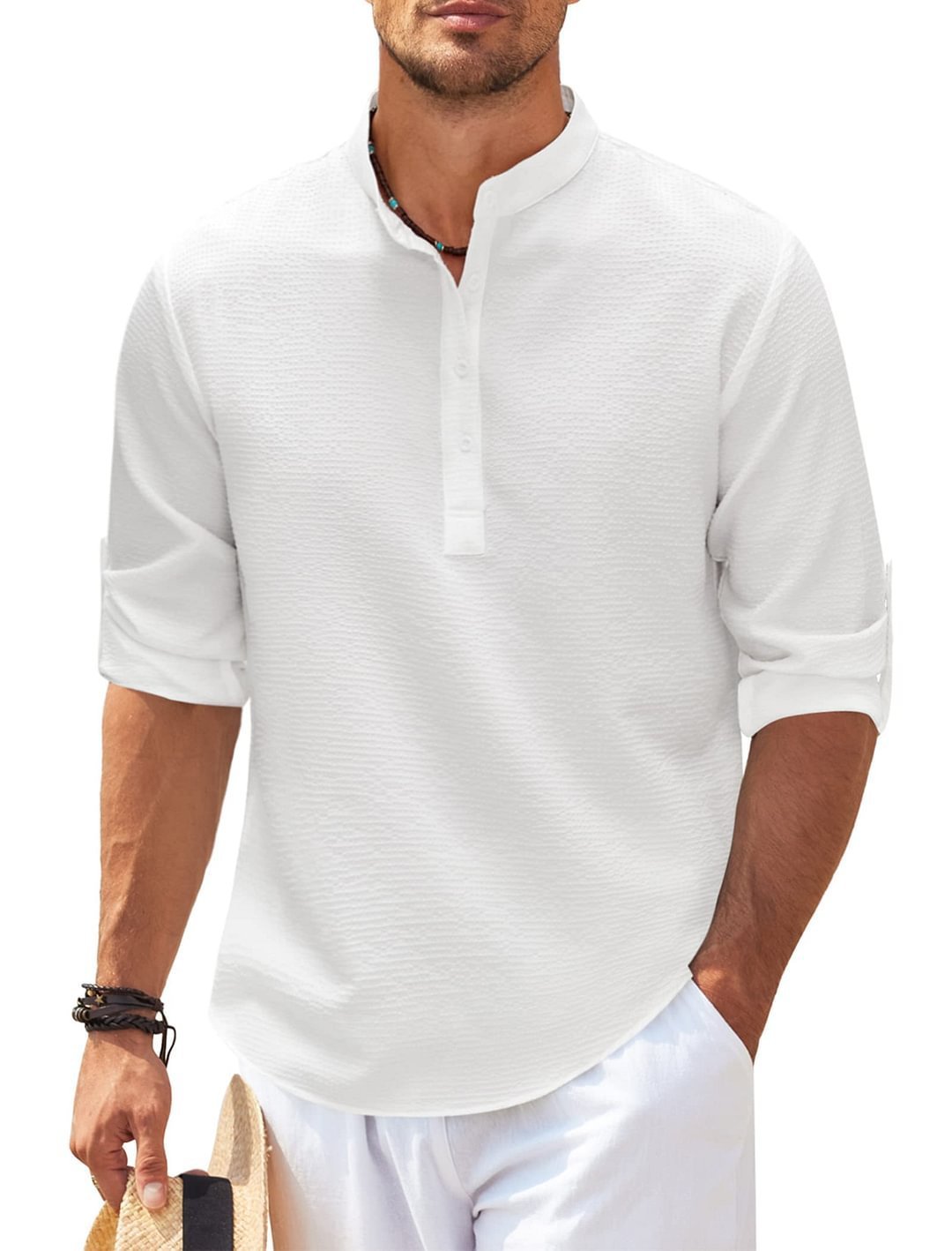 Men's Casual Long Sleeve Stand Collar Shirt – Solid Color Fashion Top
