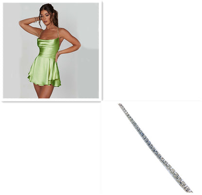 Women’s Satin Backless Lace-Up A-Line Dress – Elegant Short Suspender Style