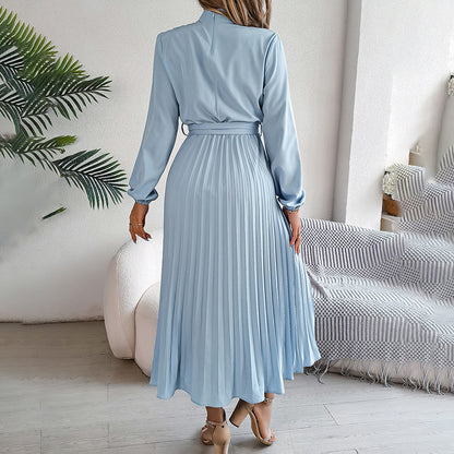 Women’s High Neck Pleated Maxi Dress – Elegant Solid Color Flowy Style