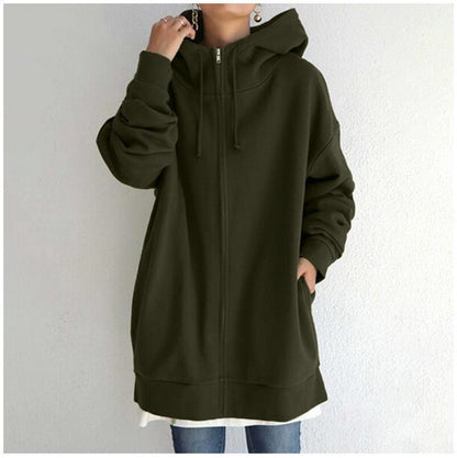 Women’s Oversized Hooded Coat – Velvet Long Zip-Up Sweatshirt with Tie Collar