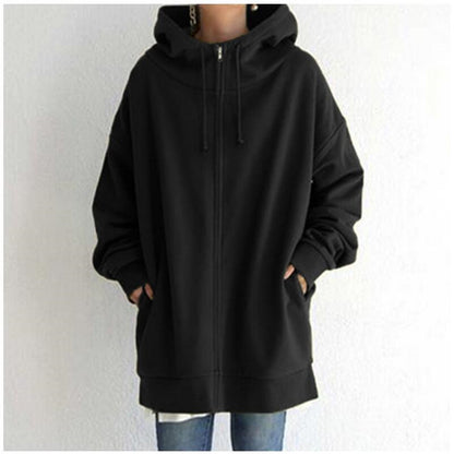 Women’s Oversized Hooded Coat – Velvet Long Zip-Up Sweatshirt with Tie Collar