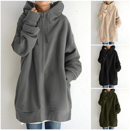 Women’s Oversized Hooded Coat – Velvet Long Zip-Up Sweatshirt with Tie Collar
