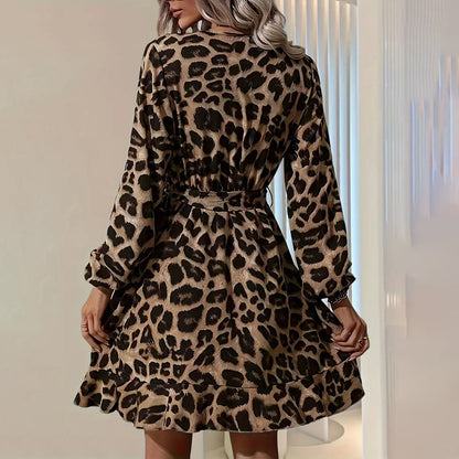 Women’s Leopard Print V-Neck Belted A-Line Dress