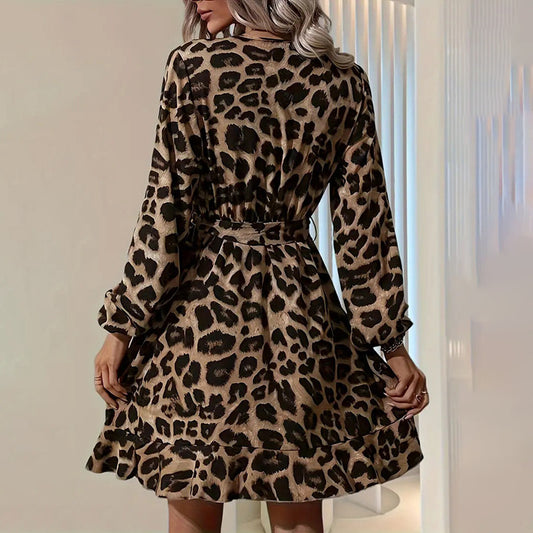 Women’s Leopard Print V-Neck Belted A-Line Dress