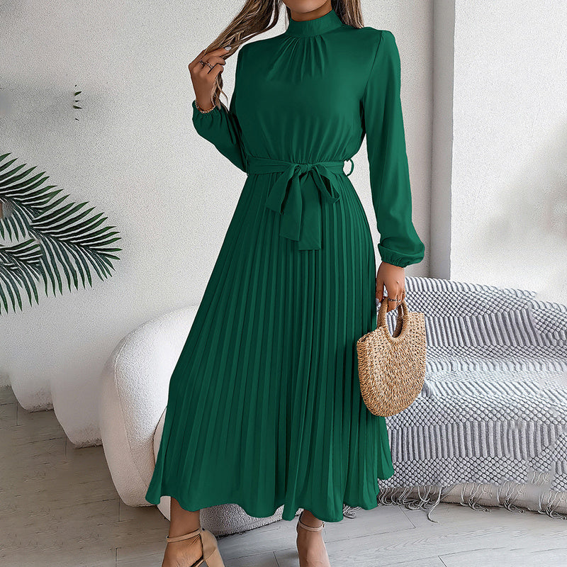 Women’s High Neck Pleated Maxi Dress – Elegant Solid Color Flowy Style