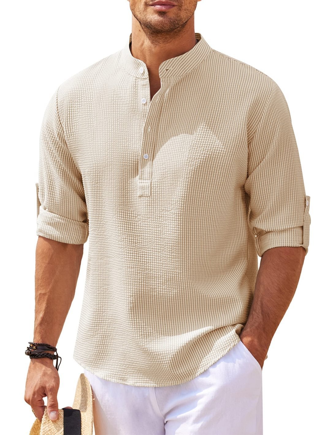 Men's Casual Long Sleeve Stand Collar Shirt – Solid Color Fashion Top