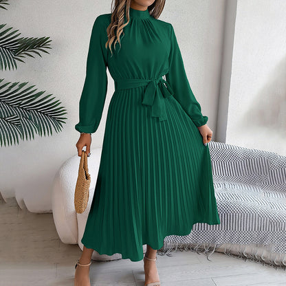 Women’s High Neck Pleated Maxi Dress – Elegant Solid Color Flowy Style