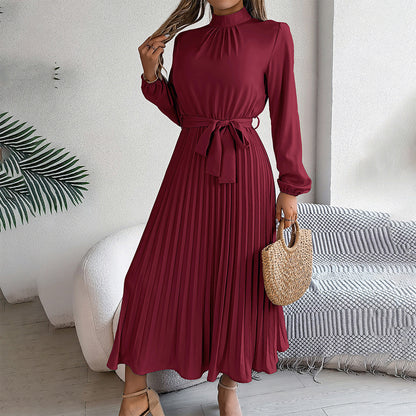 Women’s High Neck Pleated Maxi Dress – Elegant Solid Color Flowy Style