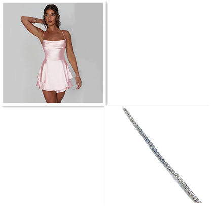 Women’s Satin Backless Lace-Up A-Line Dress – Elegant Short Suspender Style