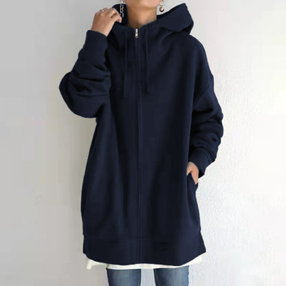 Women’s Oversized Hooded Coat – Velvet Long Zip-Up Sweatshirt with Tie Collar