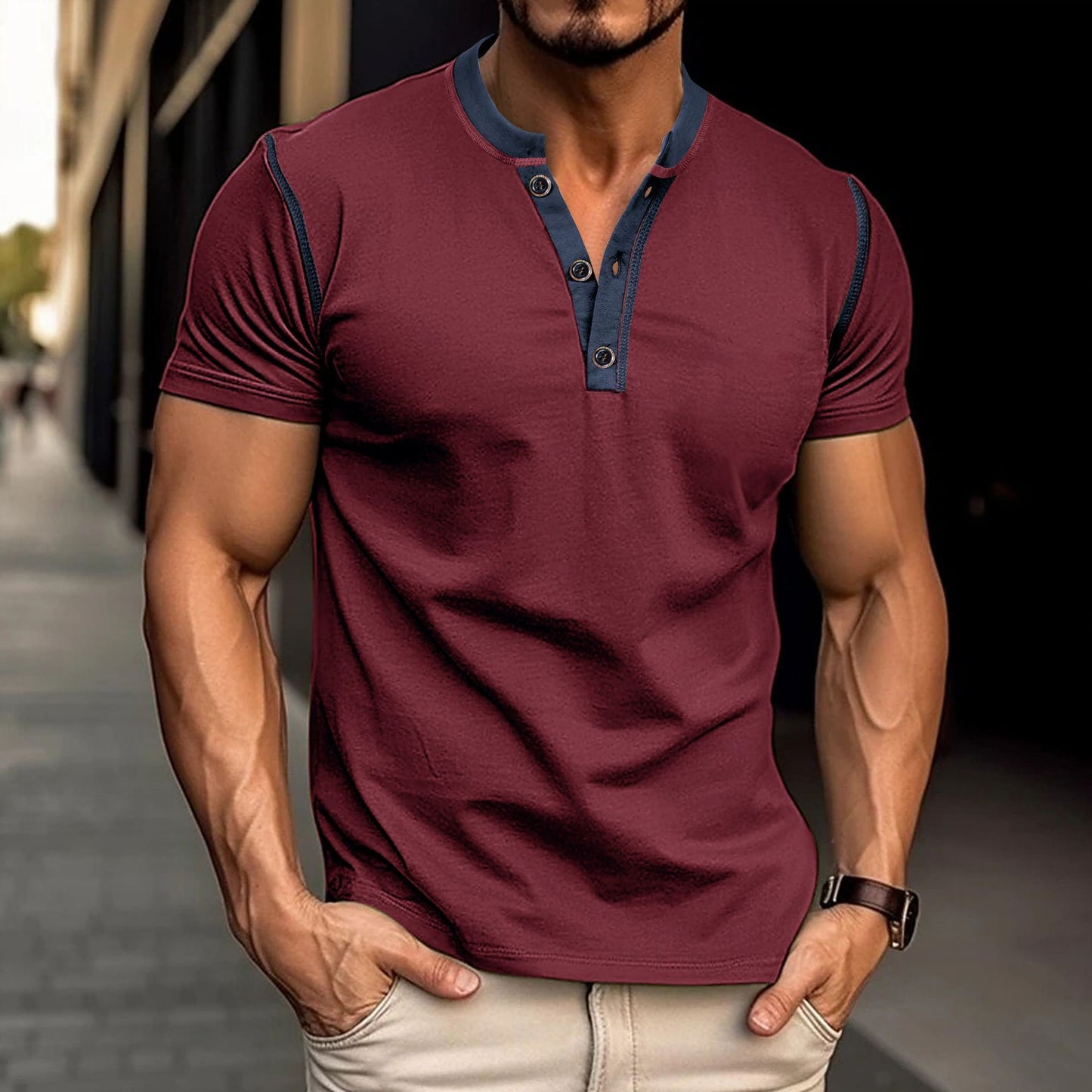 Men’s Fashion Polo Shirt – Short-Sleeved Summer Button V-Neck T-Shirt
