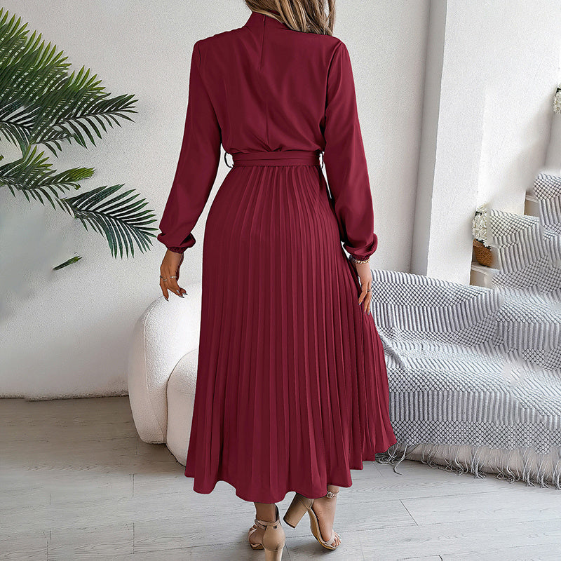 Women’s High Neck Pleated Maxi Dress – Elegant Solid Color Flowy Style