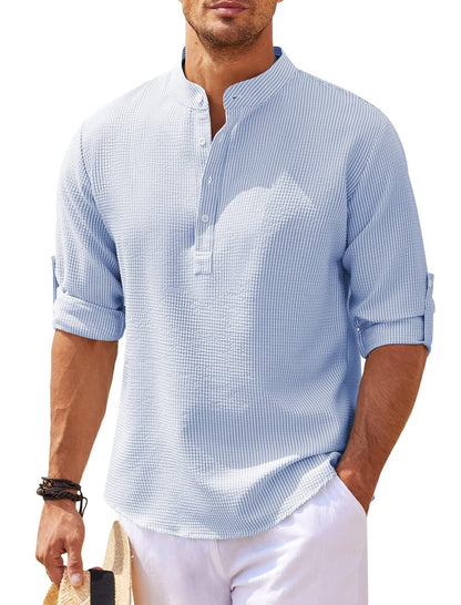 Men's Casual Long Sleeve Stand Collar Shirt – Solid Color Fashion Top
