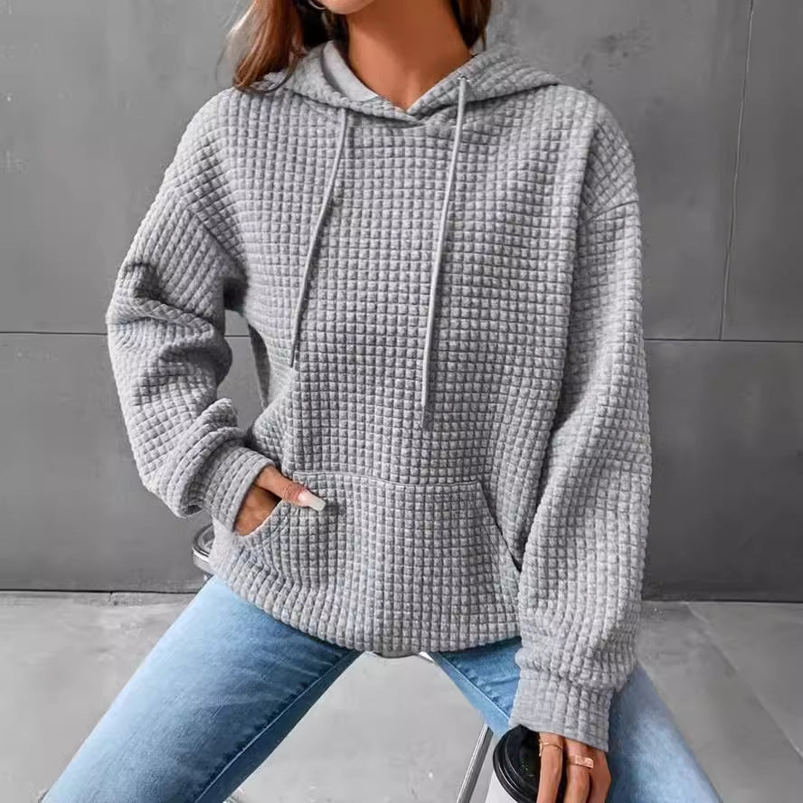 Small Plaid Pocket Long Sleeved Solid Color Top Hoodie