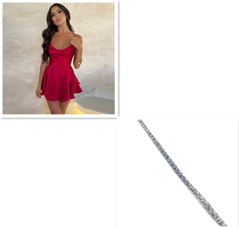 Women’s Satin Backless Lace-Up A-Line Dress – Elegant Short Suspender Style