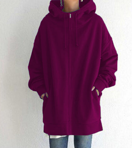 Women’s Oversized Hooded Coat – Velvet Long Zip-Up Sweatshirt with Tie Collar