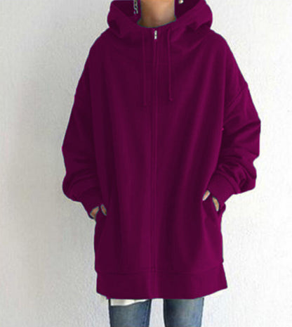 Women’s Oversized Hooded Coat – Velvet Long Zip-Up Sweatshirt with Tie Collar