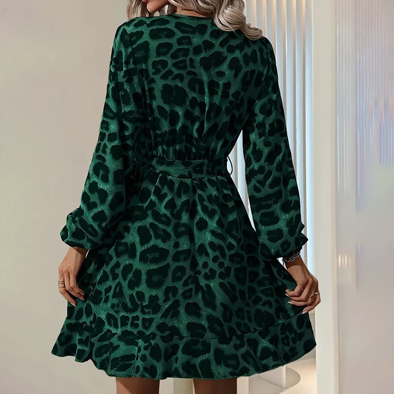 Women’s Leopard Print V-Neck Belted A-Line Dress