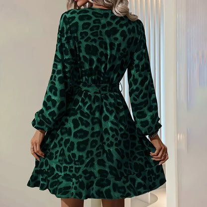 Women’s Leopard Print V-Neck Belted A-Line Dress