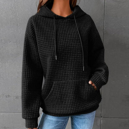 Small Plaid Pocket Long Sleeved Solid Color Top Hoodie