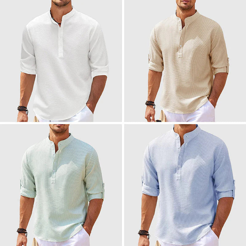 Men's Casual Long Sleeve Stand Collar Shirt – Solid Color Fashion Top