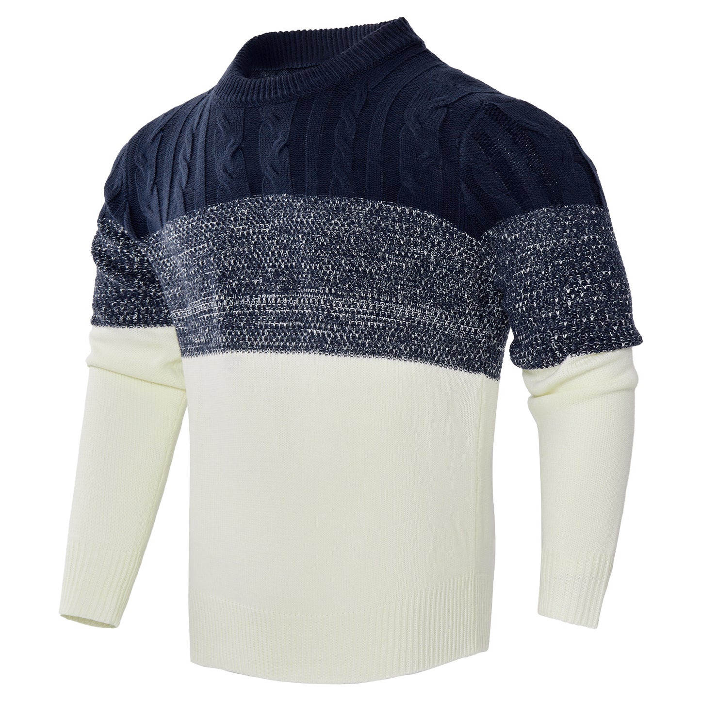 Men’s Color Block Cable Knit Pullover – Casual Long Sleeve Sweater