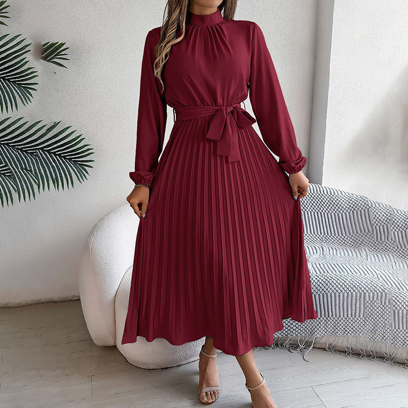 Women’s High Neck Pleated Maxi Dress – Elegant Solid Color Flowy Style