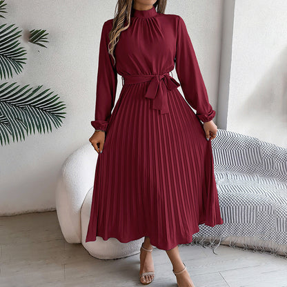 Women’s High Neck Pleated Maxi Dress – Elegant Solid Color Flowy Style