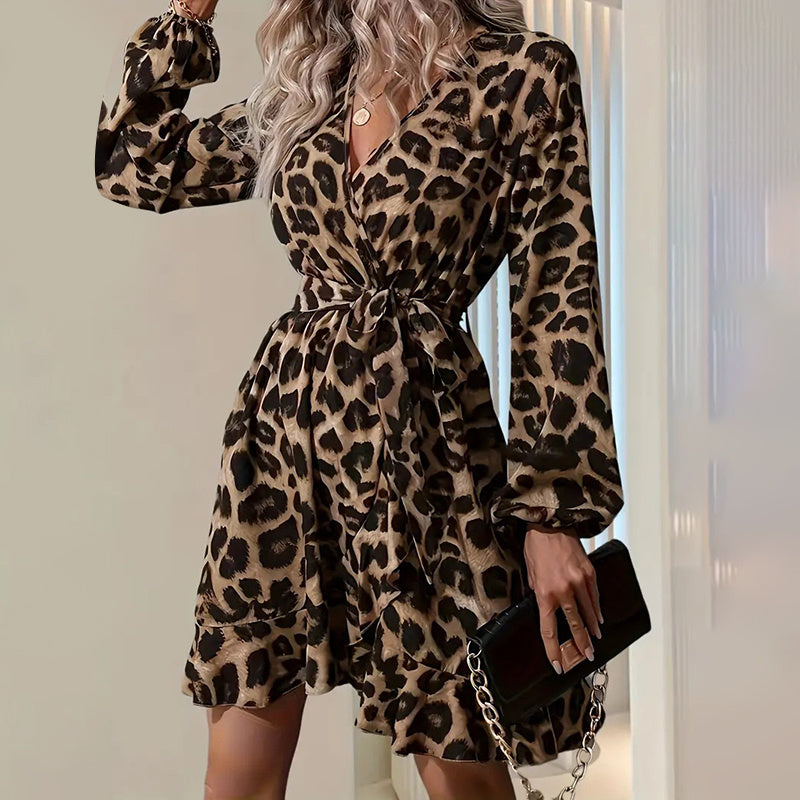 Women’s Leopard Print V-Neck Belted A-Line Dress
