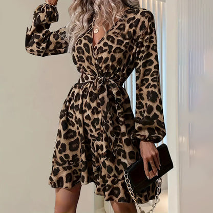 Women’s Leopard Print V-Neck Belted A-Line Dress