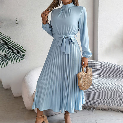 Women’s High Neck Pleated Maxi Dress – Elegant Solid Color Flowy Style