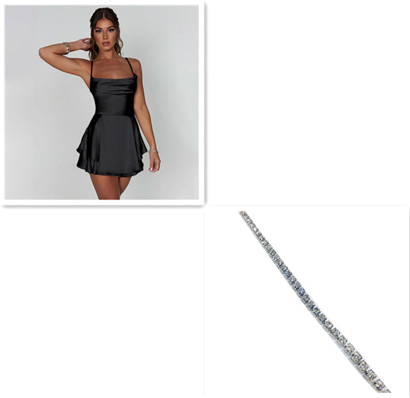 Women’s Satin Backless Lace-Up A-Line Dress – Elegant Short Suspender Style