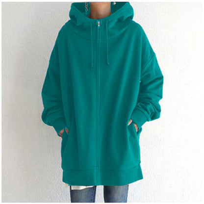 Women’s Oversized Hooded Coat – Velvet Long Zip-Up Sweatshirt with Tie Collar