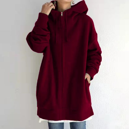 Women’s Oversized Hooded Coat – Velvet Long Zip-Up Sweatshirt with Tie Collar