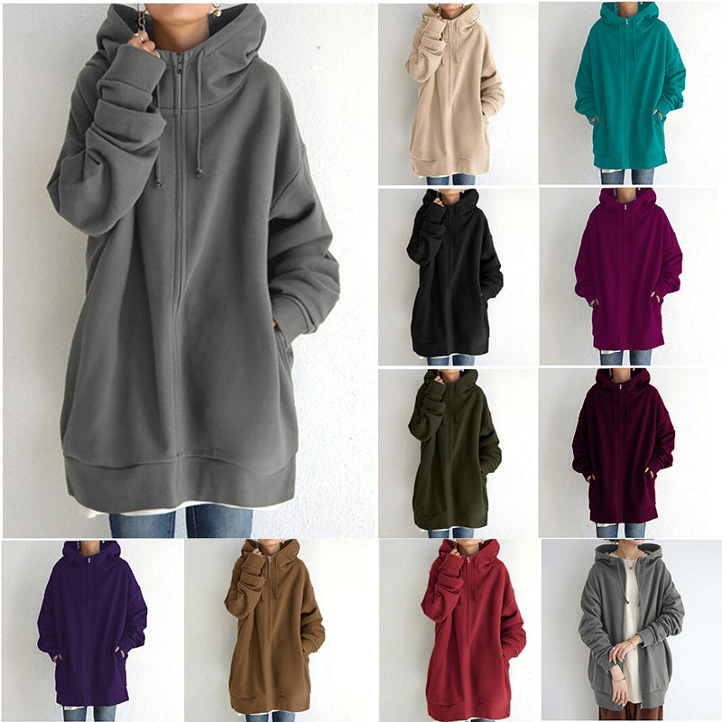 Women’s Oversized Hooded Coat – Velvet Long Zip-Up Sweatshirt with Tie Collar