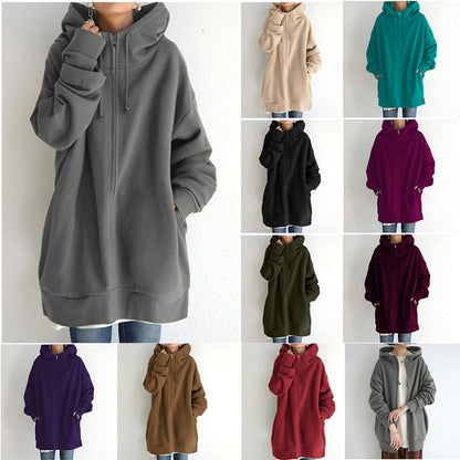 Women’s Oversized Hooded Coat – Velvet Long Zip-Up Sweatshirt with Tie Collar